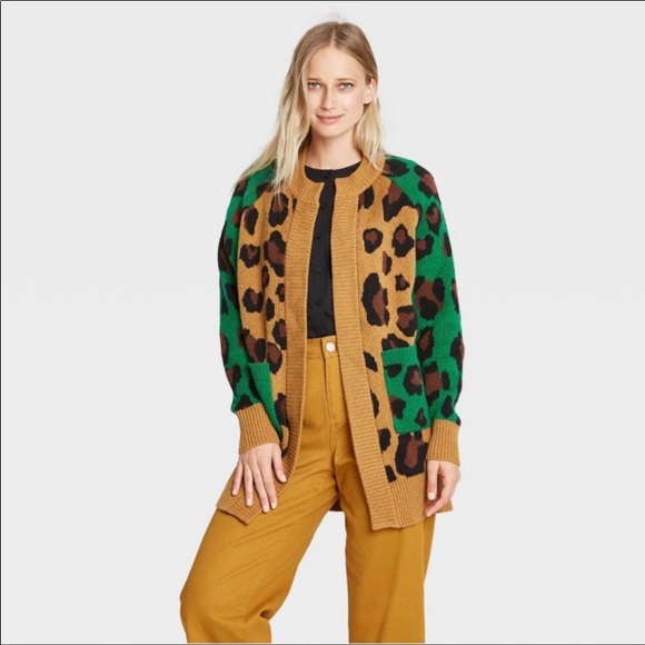 Who What Wear Green Leopard Cardigan Sz 